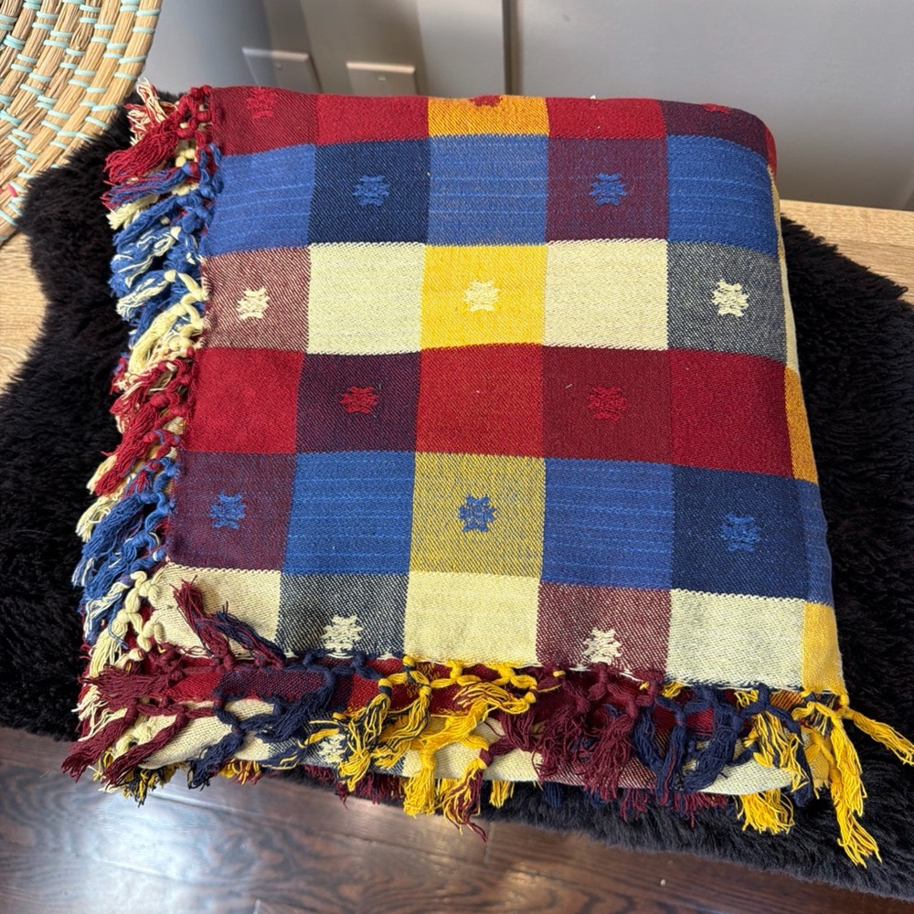 Tablecloth Floral Daisy Flower Woven Plaid Red Yellow Blue Checked Cotton 75X55”